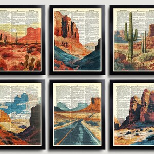 Puede incluir: Conjunto de seis impresiones enmarcadas con ilustraciones de estilo vintage de paisajes des&eacute;rticos. Cada impresi&oacute;n presenta una escena diferente, incluyendo cactus, monta&ntilde;as y un camino.