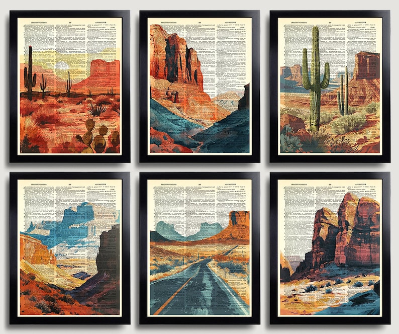 Puede incluir: Conjunto de seis impresiones enmarcadas con ilustraciones de estilo vintage de paisajes des&eacute;rticos. Cada impresi&oacute;n presenta una escena diferente, incluyendo cactus, monta&ntilde;as y un camino.