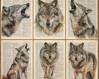 Conjunto de 6 pôsteres de lobo, arte de parede de lobo, pintura de lobo, presentes de lobo, conjunto de pôsteres de lobo, impressão de arte de lobo, presente, conjunto de pôsteres de lobo, impressão de lobo vintage 758
