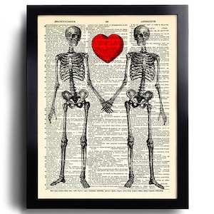 Skeleton Love Heart Love Bones Skull Art Print, Poster Art Dictionary Art Print Wall Decor Vintage Book Page Room Decor Anniversary Gift 191