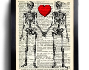 Skeleton Love Heart Love Bones Skull Art Print, Poster Art Dictionary Art Print Wall Decor Vintage Book Page Room Decor Anniversary Gift 191