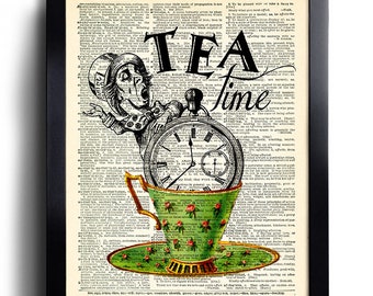 Tea Time Alice in Wonderland Quotes, Alice in Wonderland Wall Art, The Mad Hatter Art Print, Book Page Print, Alice Poster, Wall decor 454