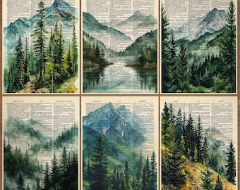 Forest Wall Art Mountain Wall Art Print Set of 6 Pine Tree Print Branch Landscape Print Pine Wall Art Mountain Decor Forest Artwork 0860