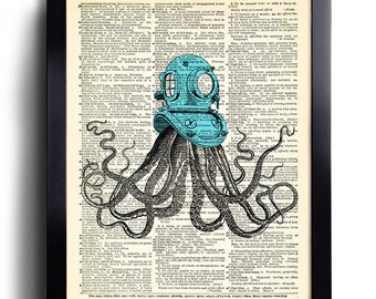 Octopus Diving Helmet Sea Art Print Octopus Art Print, Bathroom Wall Decor, Beach Home Poster Print Dictionary Art, Bathroom Wall Decal 153