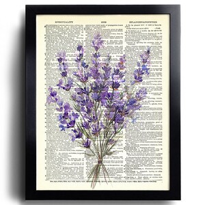 May include: A watercolor painting of a bouquet of purple lavender flowers on a vintage dictionary page. The page features the words "Spirituality" and "Splanchnapophysis".