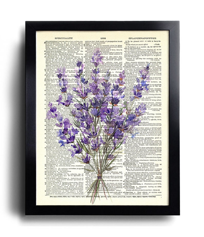 May include: A watercolor painting of a bouquet of purple lavender flowers on a vintage dictionary page. The page features the words "Spirituality" and "Splanchnapophysis".