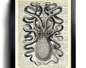 Octopus Art Print Vintage Book Print Recycled Vintage Dictionary Page Collage Repurposed Book Upcycled Dictionary 260