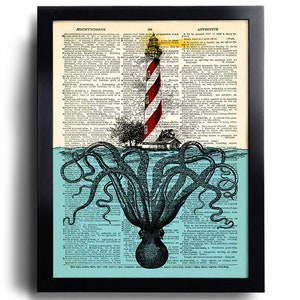 Giant Octopus Lighthouse Wave Ocean Art Print Sea Life Art Print, Squid Wall Decor, Oceanic Artwork, Ocean Painting, Ocean Wall Decal 636