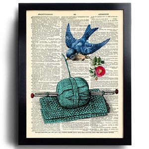 Knitting Print Knitting Poster Bird Crochet Poster Knitting Gift Yarn Gift for Knitter Blue Bird Print Craft Room Decor Birds Wall Decor 687