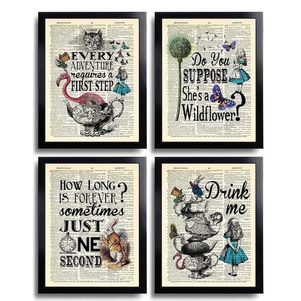 Alice in Wonderland Print ALICE Print Set of 4 Alice Quotes Wall Art Prints Alice decorations Gift Set Alice Wall Decor Best Friend Gift 580
