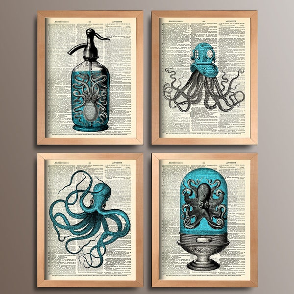 Octopus Wall Art Octopus Print Set of 4 Prints Squid Gift Set Poster Bathroom Wall Decor Octopus Poster Nautical Drawing Squid Art Print 589