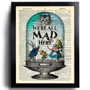 Alice in Wonderland decor We're All Mad Here Alice poster Cheshire Cat print Alice book Page Print Alice in Wonderland decoration gifts 654