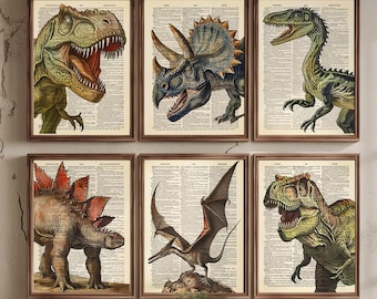 May include: A set of six framed wall art prints featuring detailed illustrations of various dinosaurs and a pterosaur, each superimposed over a background of vintage dictionary text pages with visible columns and printed definitions.