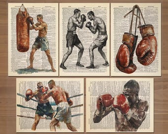 Lot de 5 impressions de boxe, affiches de boxe vintage, décoration murale de boxe, art mural de boxe, affiche de boxeur pour hommes, cadeaux de boxe pour hommes, peinture de boxe, 0778