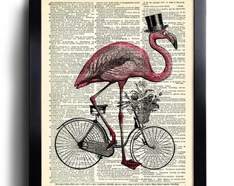 Flamingo Ride Bicycle Top Hat Bird Art Print ,Funny Wall Decoration, Office Wall Art, Anniversary Gifts for Girlfriend 446