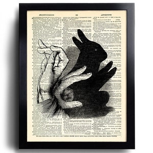 Stampa artistica con coniglio ombra della mano, pagina del dizionario, opera d'arte decorativa, decorazione da parete per soggiorno, decalcomanie artistiche uniche, regalo per marito 390