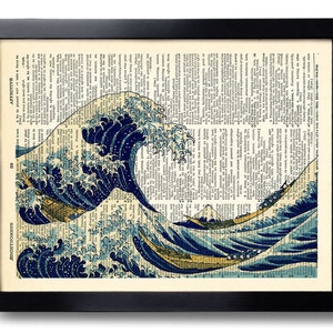 Giant Great Wave Ocean Art Print Sea Life Art Print, Vintage Dictionary Wall Decor, Oceanic Artwork, Ocean Painting, Ocean Wall Decal 237