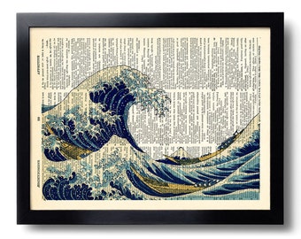 Giant Great Wave Ocean Art Print Sea Life Art Print, Vintage Dictionary Wall Decor, Oceanic Artwork, Ocean Painting, Ocean Wall Decal 237