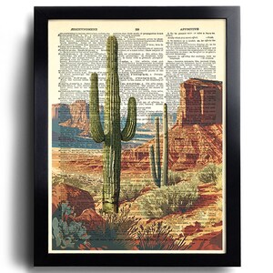 Puede incluir: Una ilustraci&oacute;n de estilo vintage de un paisaje des&eacute;rtico con altos cactus verdes y formaciones rocosas rojas. La imagen est&aacute; impresa en una p&aacute;gina de un antiguo diccionario con texto sobre la palabra "afectivo".