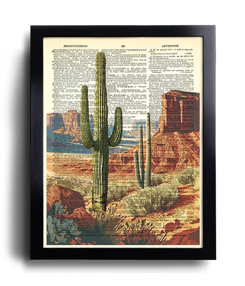 Puede incluir: Una ilustraci&oacute;n de estilo vintage de un paisaje des&eacute;rtico con altos cactus verdes y formaciones rocosas rojas. La imagen est&aacute; impresa en una p&aacute;gina de un antiguo diccionario con texto sobre la palabra "afectivo".