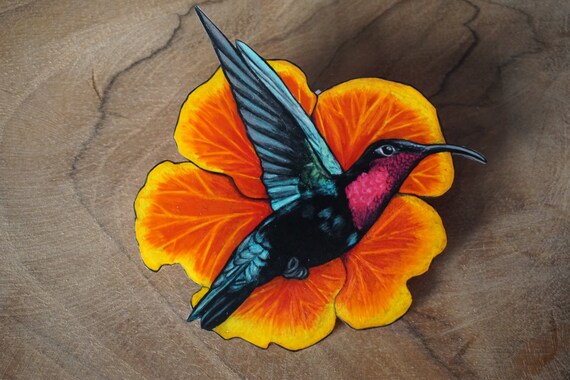 Bird Brooch Majestic Colibri And Hibiscus Flower Handpainted Etsy Bird Brooch Majestic Colibri And Hibiscus Flower Handpainted Etsy
