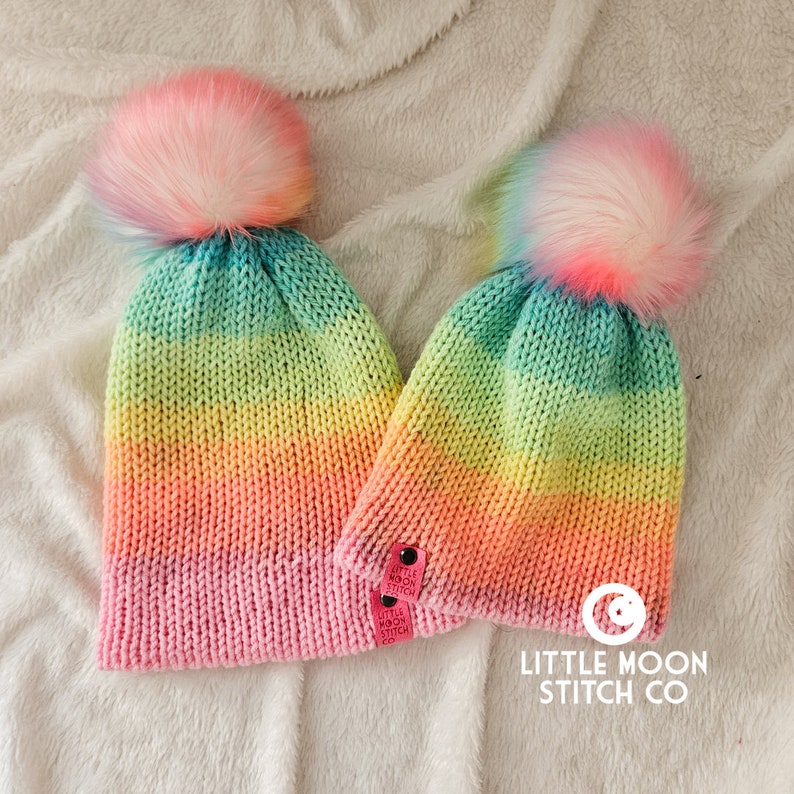 Rainbow Knit Beanie Tiktok Beanie Beanie With Faux Fur Pom Etsy