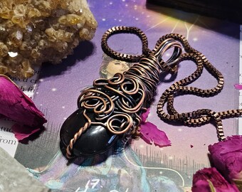 Black Agate Crystal Necklace | Copper Wire Wrapped Jewelry | Crystals for Love & Abundance | Protection Pendant | BAC126