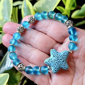 Boho Sea Glass Beaded Bracelet – Blue Cultured Glass with Tibetan Silver Spacers – Stretch Bracelet for Beach Lovers, Coastal Bride Gift