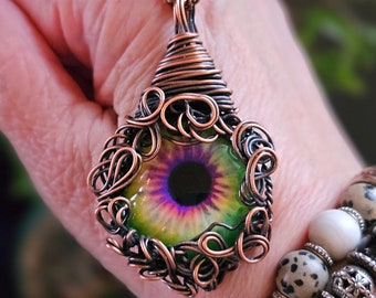 Wire Wrapped Green & Purple Dragon's Eye Pendant | Copper Wire Wrapped Jewelry | Unique One of a Kind Gift | Magical Jewelry | DE121