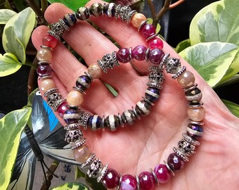 Mystic Tibetan Orchid Bracelet | Botswana Tibetan Stripe Agate Sunstone | Crystals for Grounding, Protection & Joy |