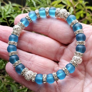 Frosted Blue Sea Glass Beaded Bracelet – Stretch Boho Bracelet with Rhinestones | Ocean-Inspired Jewelry | Beach Lover Gift for Her