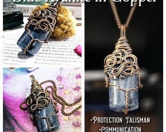Blue Kyanite Necklace Wire Wrapped in Copper, Protection Talisman, Crystals for Communication, Aries Taurus Libra Pisces, BK625