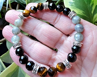 Triple Protection Grounding Bracelet | Labradorite Black Tourmaline Tigers Eye | Crystals to Banish Fear & Insecurities