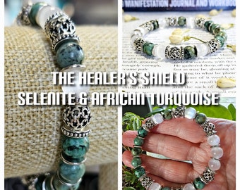 The Healers Shield Intention Bracelet | Cat's Eye Selenite with African Green Turquoise | Energy Protection Bracelet | One of a Kind Gift