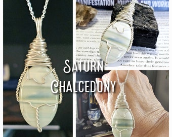 Saturn Chalcedony Crystal Pendant Necklace | Wire Wrapped Jewelry | Crystals for Energy Protection |  Gifts for Gemini | SC428