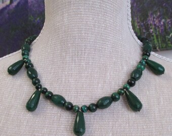 Green quartzite and tigers eye necklace with sterling silver bolt ring clasp