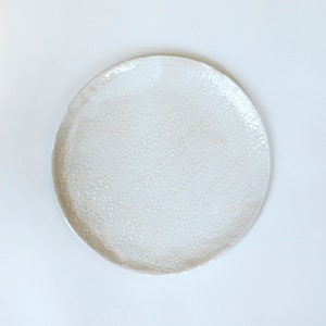 White Handmade Ceramic Platter| Imprinted  Lace  Decorative Round Ceramic Dish | White Patterned Serving Platter | Ceramic Serveware