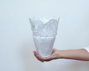 Organic White Ceramic Vase | White Ceramic Decorative Planter | Porcelain Contemporary Vase | Handmade Textured Lace Vase