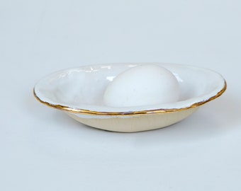 Organic Handcrafted Ceramic Bowl | Elliptic ceramic bowl | Ceramic Bowl with Gold or Platinum Rim | Small White Contemporary pottery