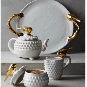 White Ceramic Teapot With bird lid Porcupine Pattern pottery teapot decorative teapot image 2