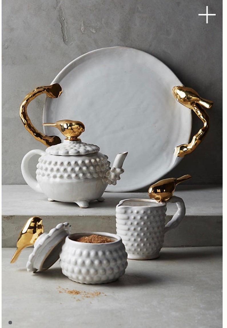 White Ceramic Teapot With bird lid Porcupine Pattern pottery teapot decorative teapot image 2