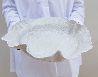 Boho Chic white Handmade Ceramic Large Serving Platter| dessert ceramic serving platter | fruit  ceramic platter | lace like ceramic platter