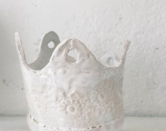 Small White Scalloped Edge Bowl | Nut Candy Dish | Ceramic Candle Holder, Planter or Jewelry Dish | Decorative Ceramic Crown bowl