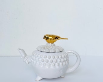 White Ceramic Teapot With bird lid |Porcupine Pattern| pottery teapot| decorative teapot