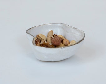 Asymmetrical white Ceramic Bowl | Gold or Platinum Rimmed Small Bowl|Unique Organic Design | Modern Serving Bowl