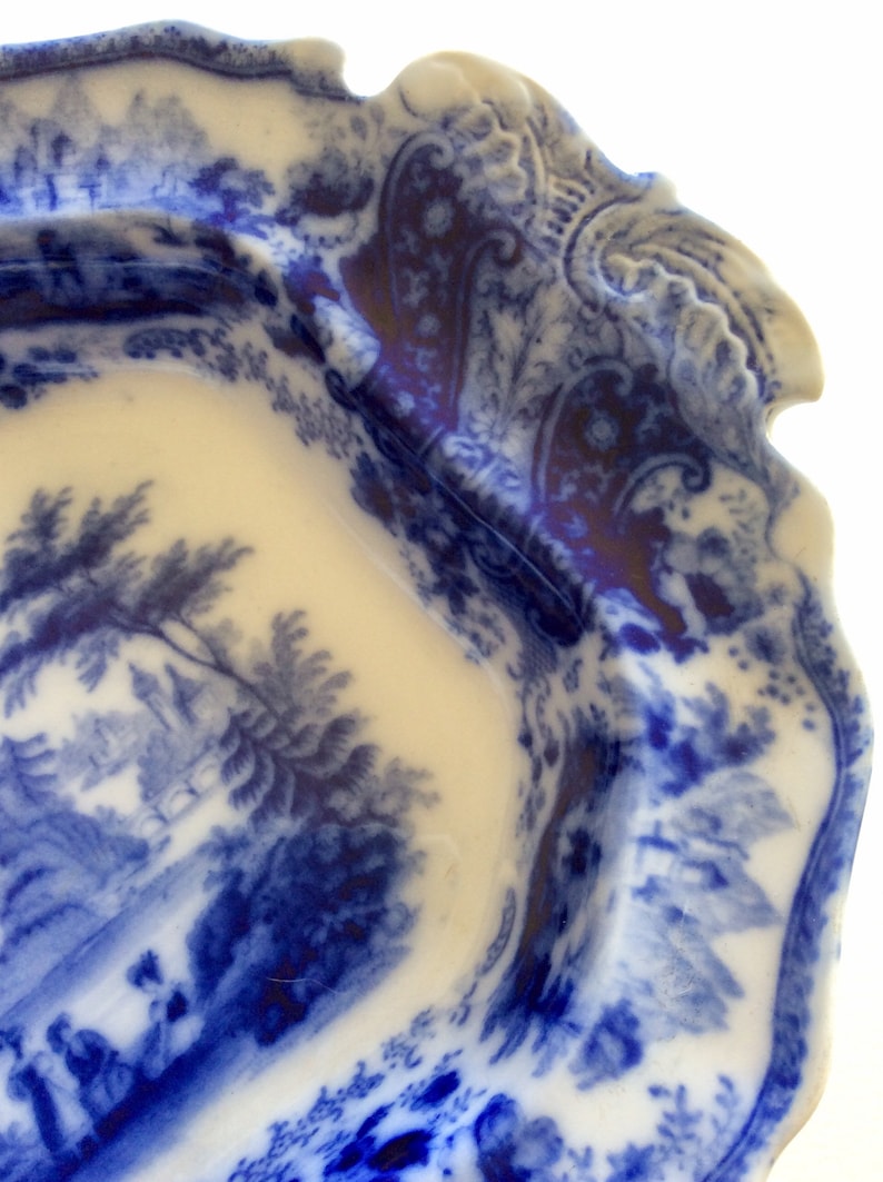 Flow blue china Vegetable server Antique bowl Blue white china Ironstone Antique china Romantic scene. Burgess /& Leigh Nonpareil