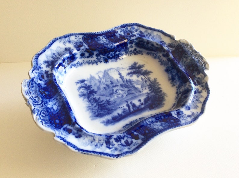 Flow blue china Vegetable server Antique bowl Blue white china Ironstone Antique china Romantic scene. Burgess /& Leigh Nonpareil
