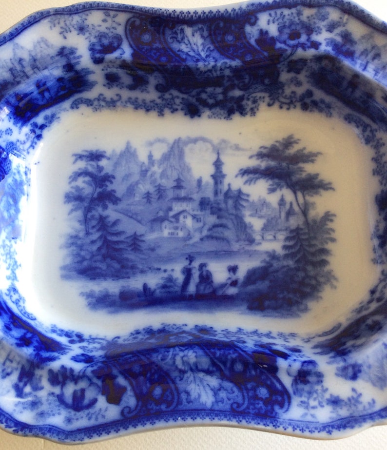 Flow blue china Vegetable server Antique bowl Blue white china Ironstone Antique china Romantic scene. Burgess /& Leigh Nonpareil
