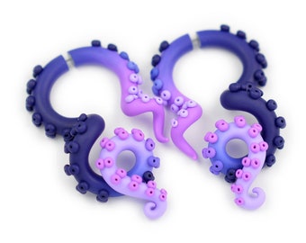 Navy Blue Violet Light Purple Lavender Octopus Tentacle Earrings Tentacle Gauges and Fake Gauge Earrings Ear Plugs