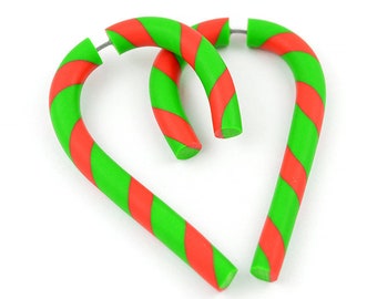 Christmas Earrings Red Green Xmas Earrings Candy Cane Fake Gauges Ear Plugs Decorations Jewelry